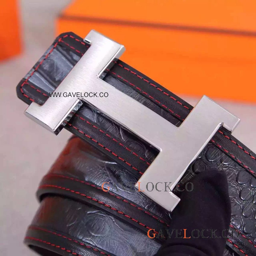 Replica Hermes Knock Off Belt Genuine Black Leather Belt Silver H Buckle